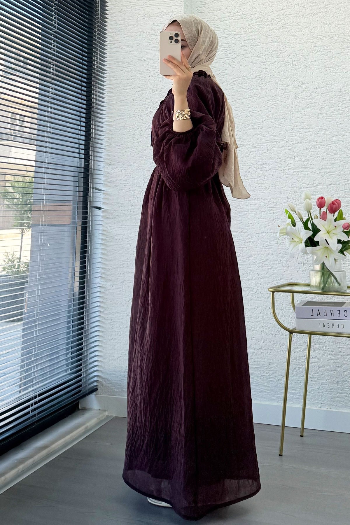 Premium Yaka Büzgülü Balon Kol Vual Elbise - Mürdüm