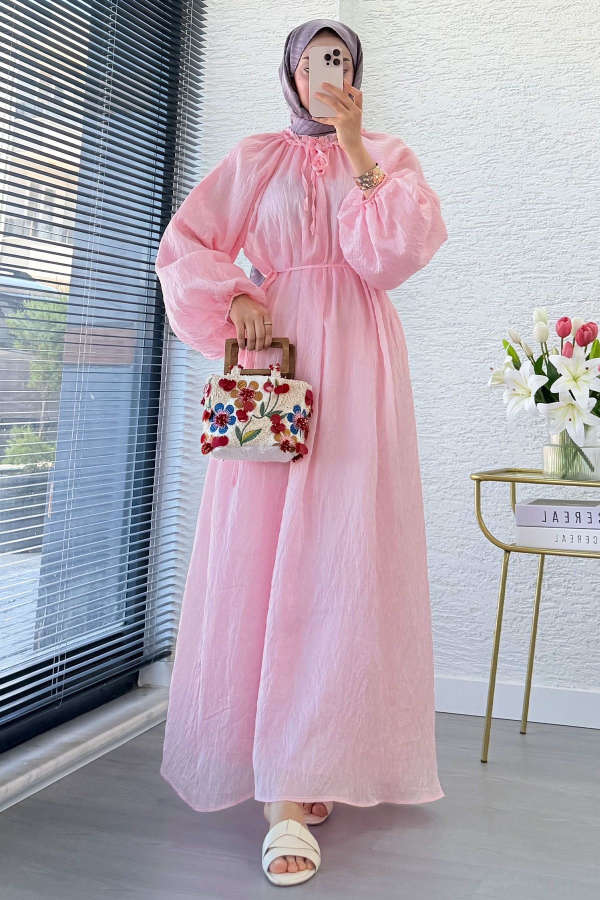 Premium Yaka Büzgülü Balon Kol Vual Elbise - Pembe