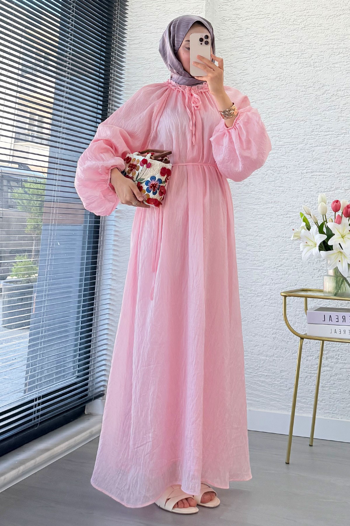 Premium Yaka Büzgülü Balon Kol Vual Elbise - Pembe