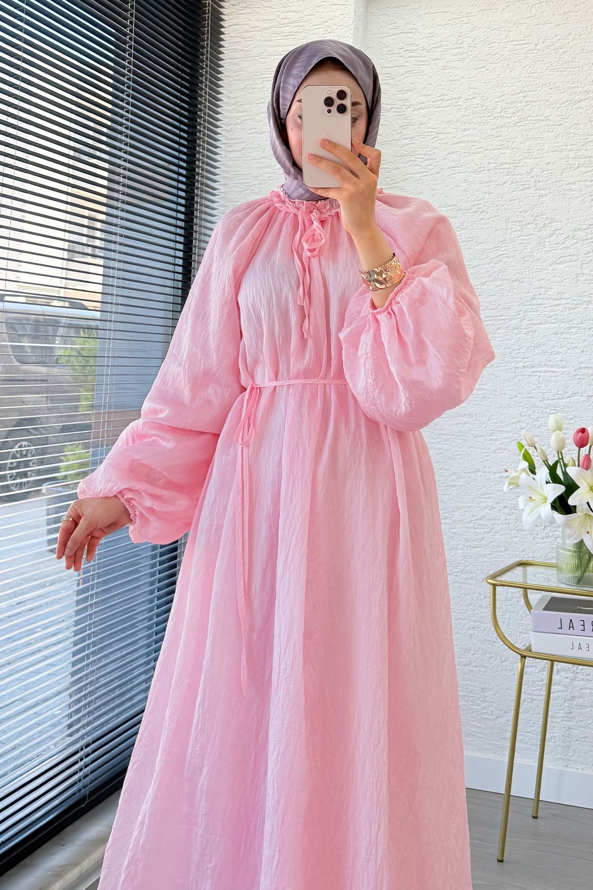 Premium Yaka Büzgülü Balon Kol Vual Elbise - Pembe