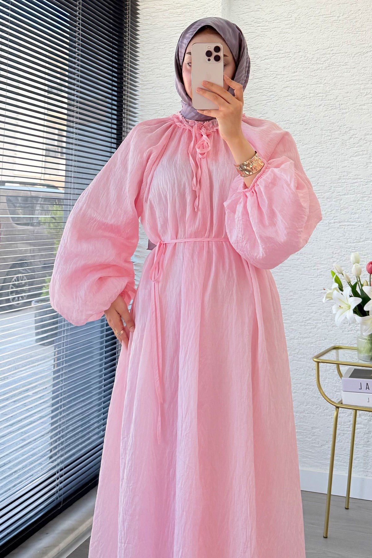 Premium Yaka Büzgülü Balon Kol Vual Elbise - Pembe