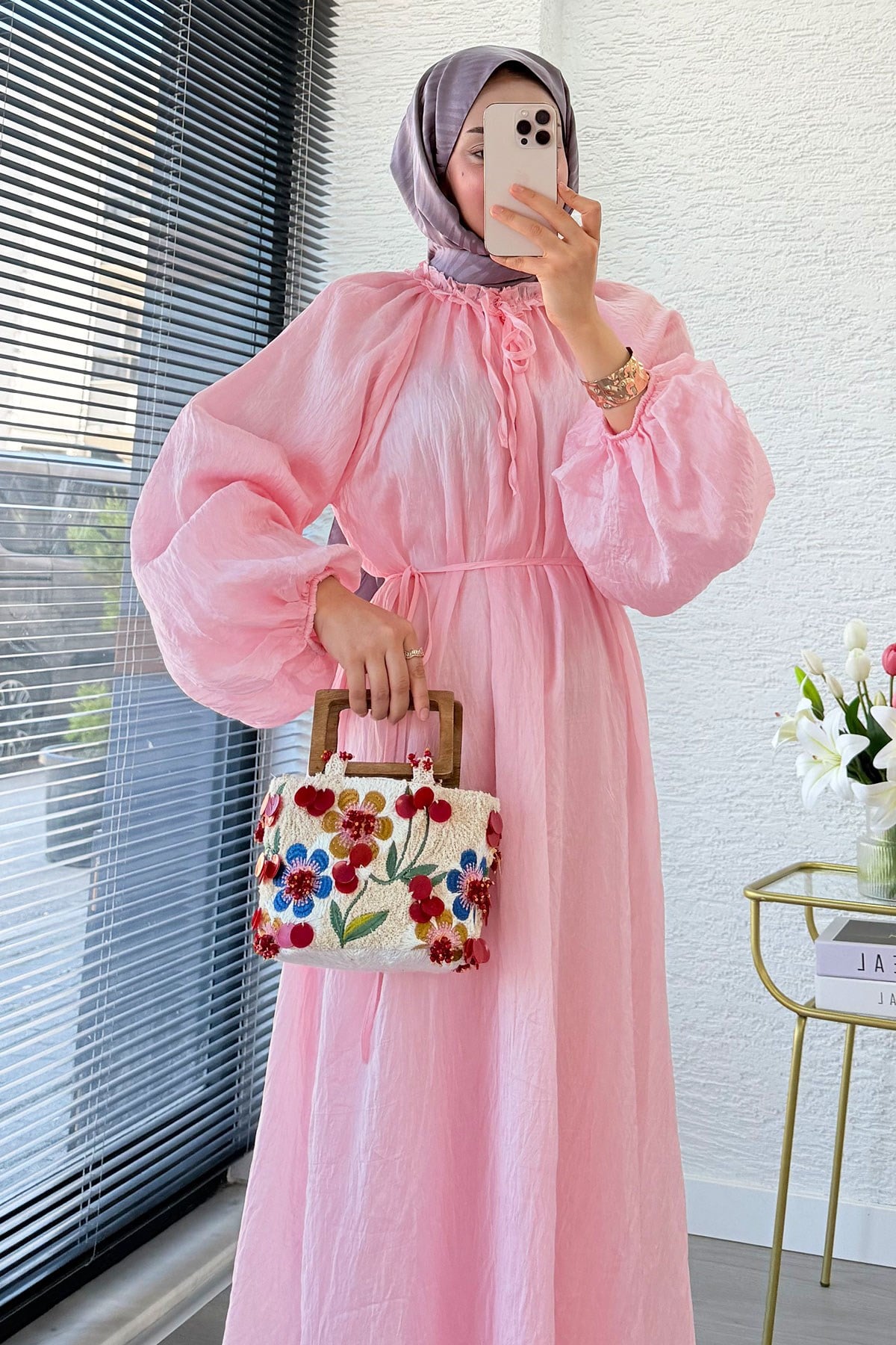 Premium Yaka Büzgülü Balon Kol Vual Elbise - Pembe