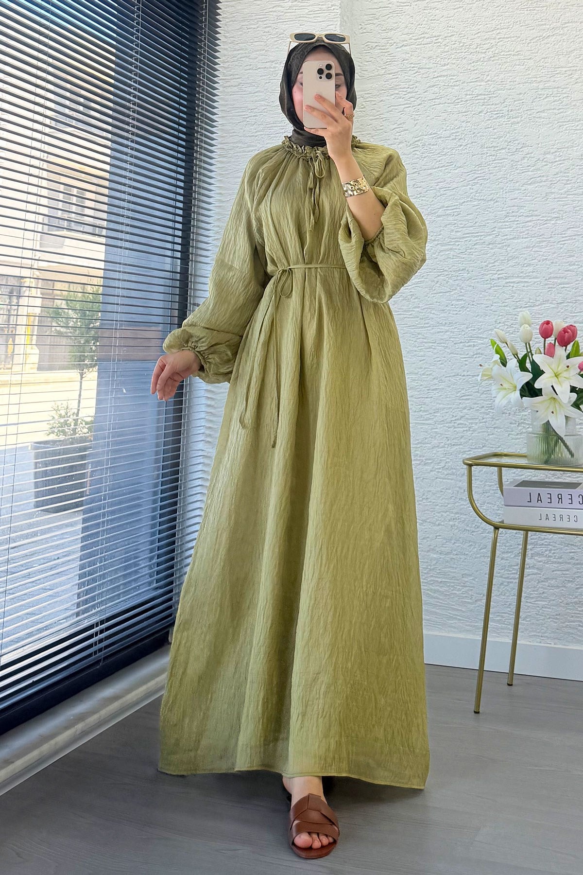 Premium Yaka Büzgülü Balon Kol Vual Elbise - Olive