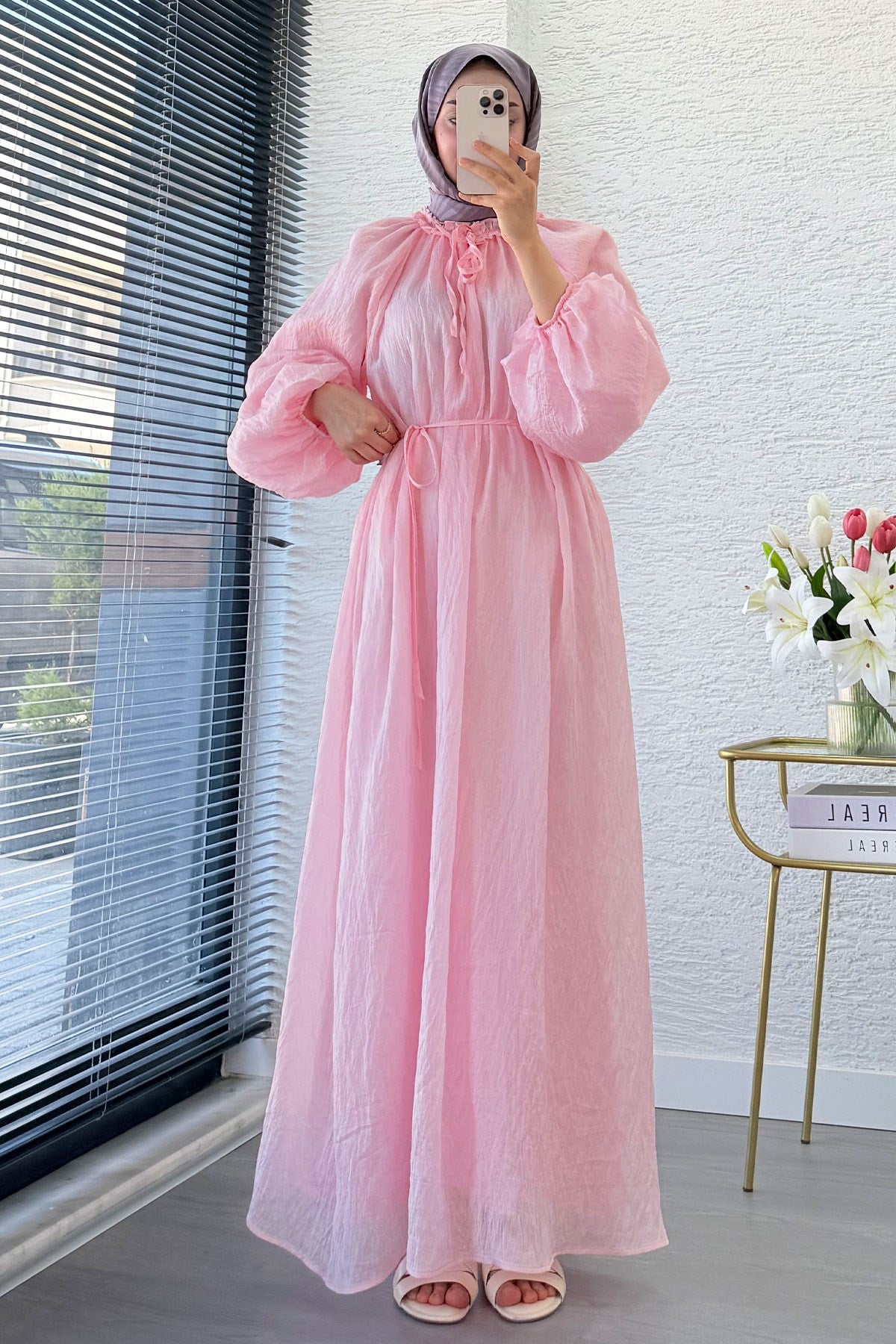 Premium Yaka Büzgülü Balon Kol Vual Elbise - Pembe