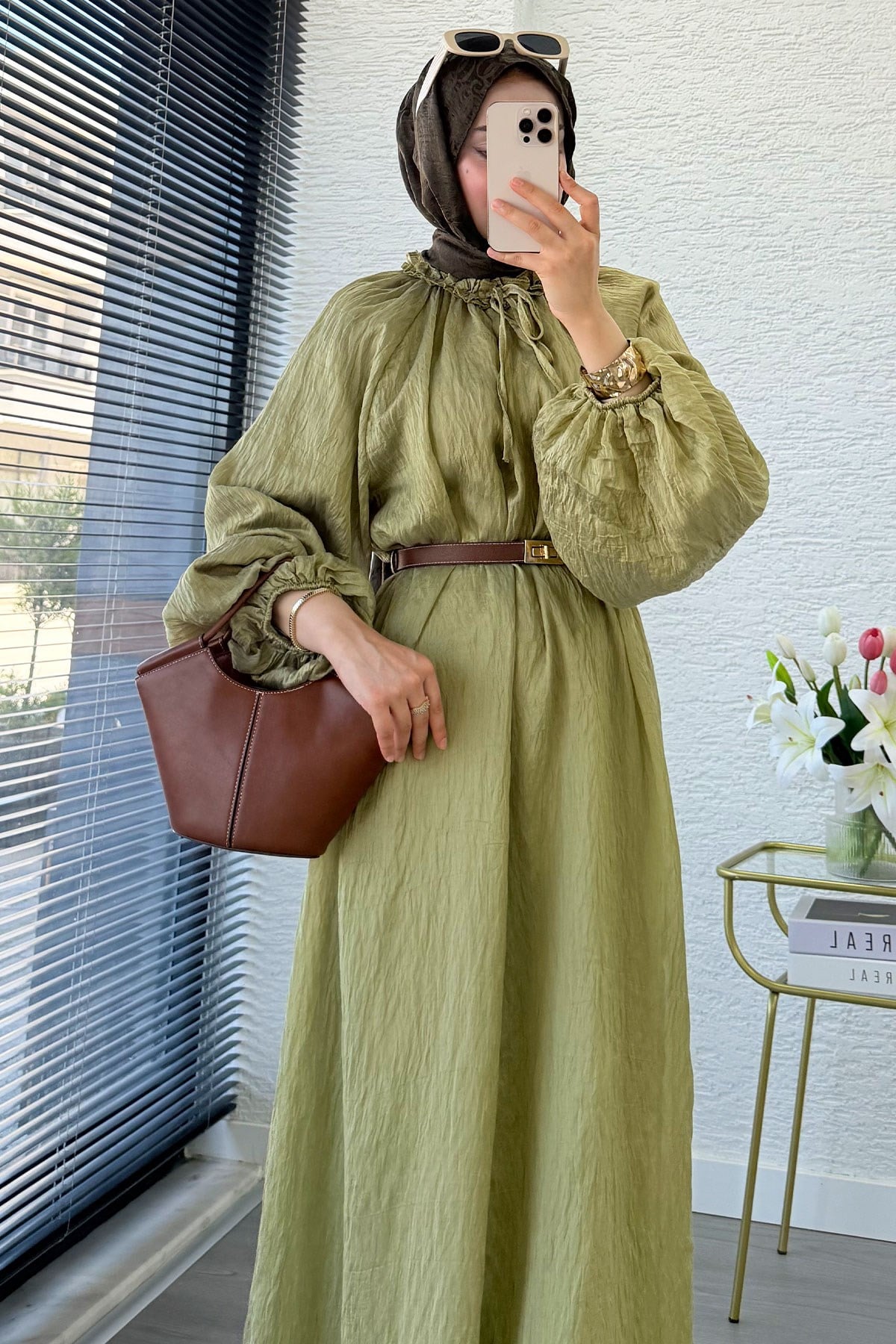 Premium Yaka Büzgülü Balon Kol Vual Elbise - Olive