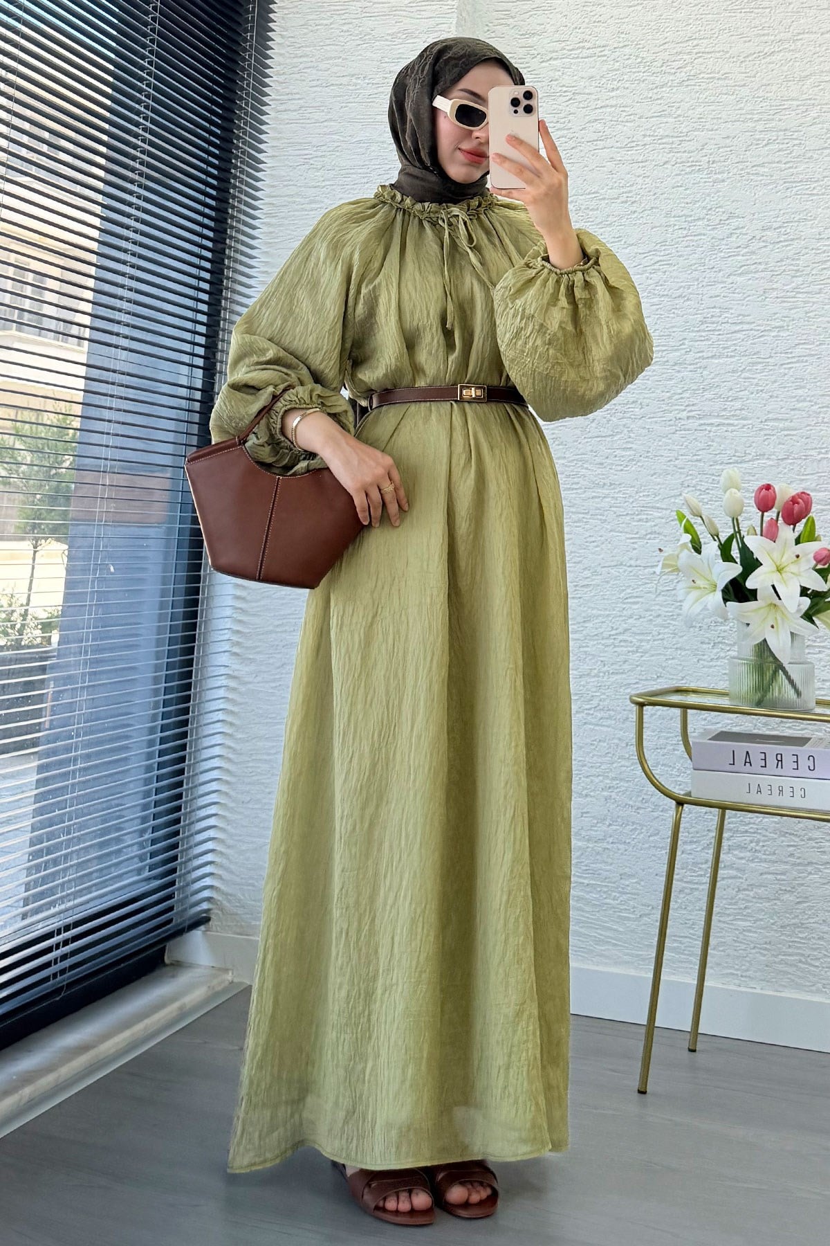 Premium Yaka Büzgülü Balon Kol Vual Elbise - Olive