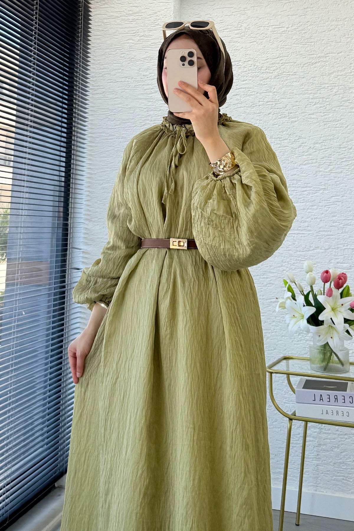 Premium Yaka Büzgülü Balon Kol Vual Elbise - Olive
