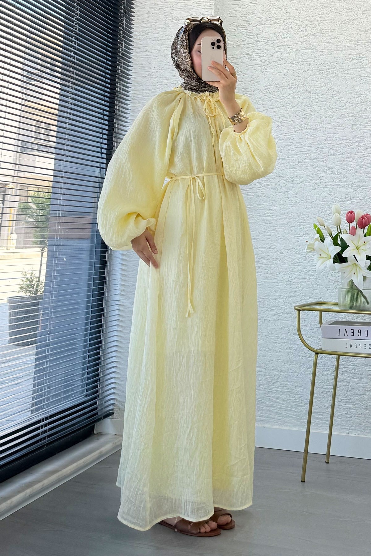 Premium Yaka Büzgülü Balon Kol Vual Elbise - Sarı