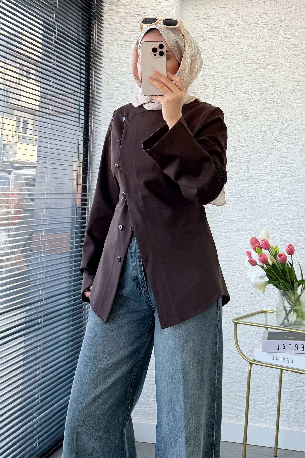 Premıum Yan Düğmeli Arkadan Bağlamalı Bluz - Kahverengi