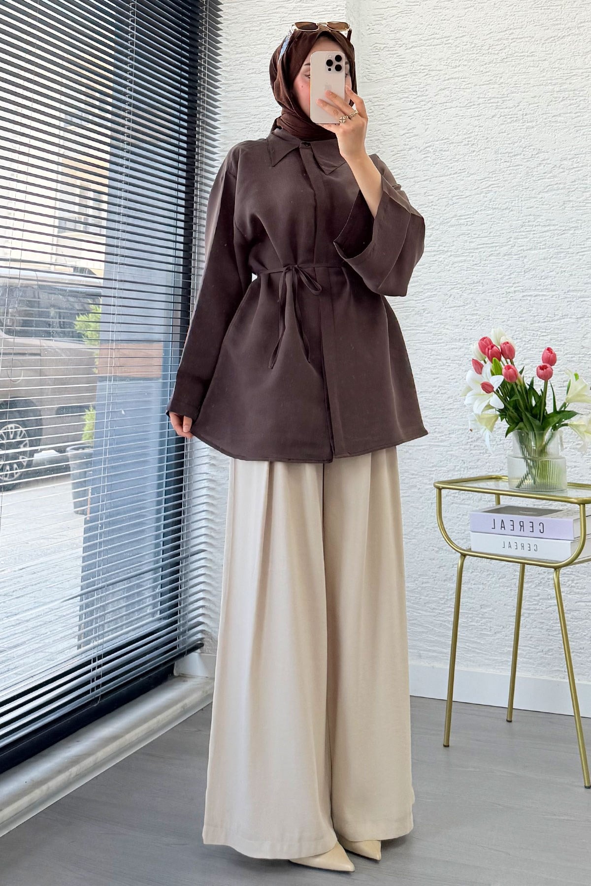 Premium Yandan Bağlamalı Çizgili Modal Tunik - Kahverengi