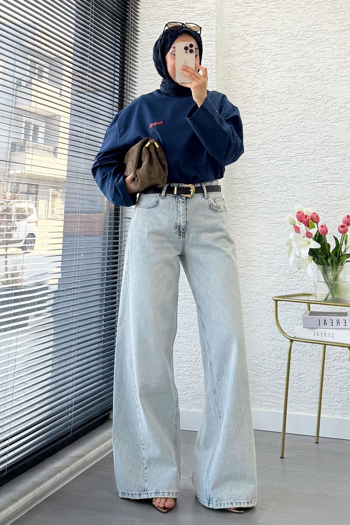 Premium Yandan Dikişli Palazzo Jean Pantolon - Açık Mavi