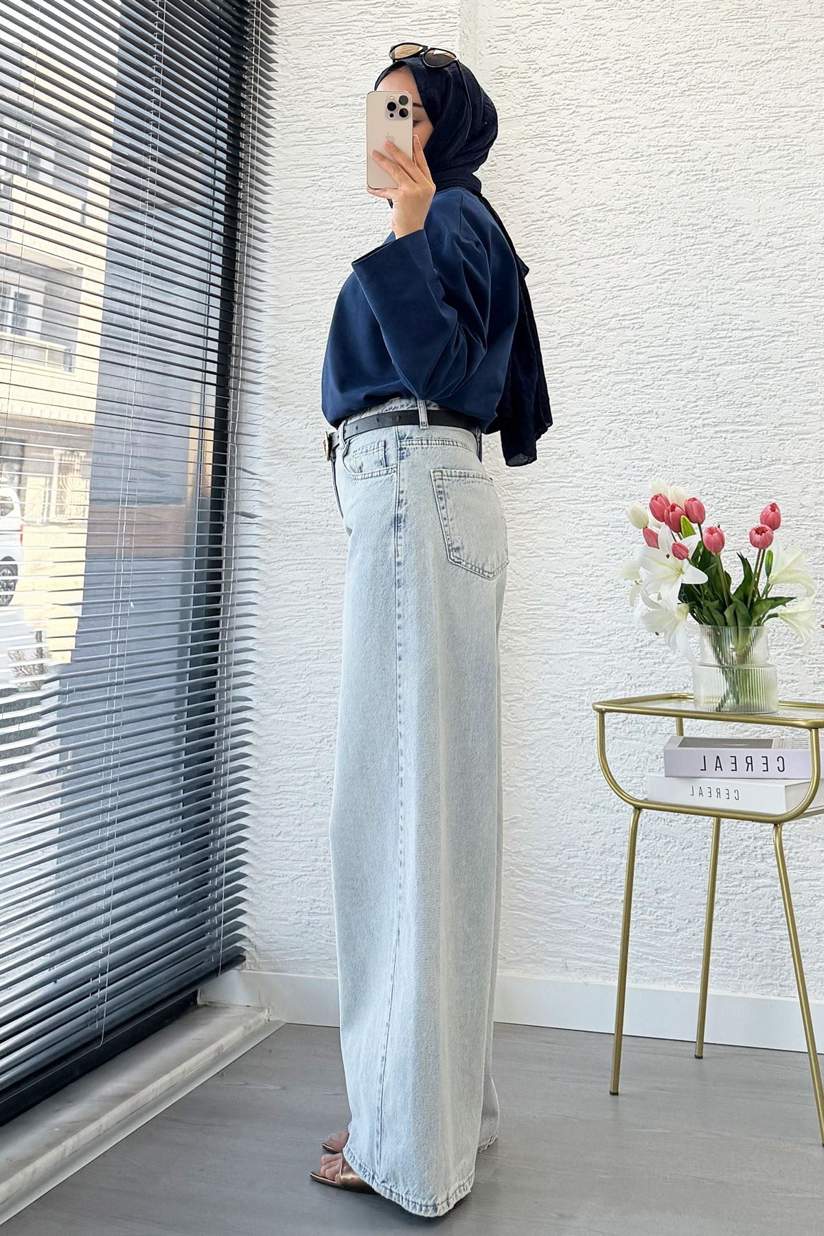 Premium Yandan Dikişli Palazzo Jean Pantolon - Açık Mavi