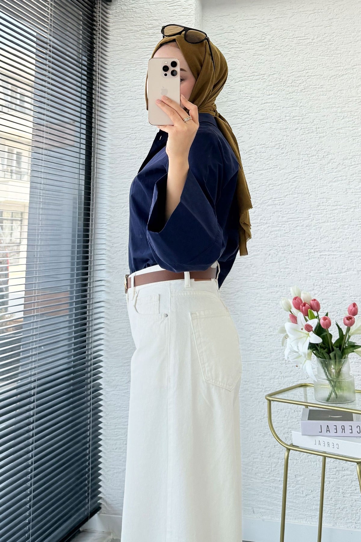 Premium Yandan Dikişli Palazzo Jean Pantolon - Beyaz