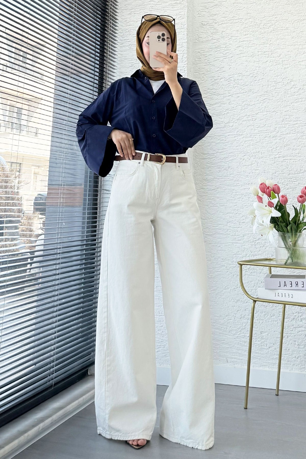 Premium Yandan Dikişli Palazzo Jean Pantolon - Beyaz
