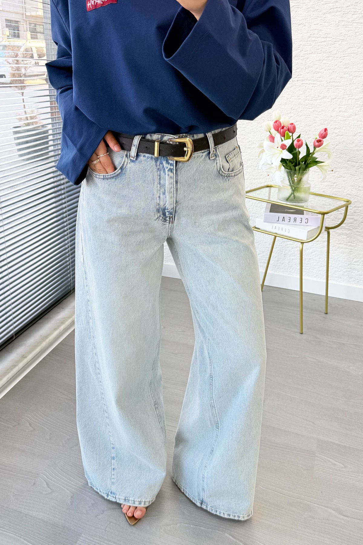 Premium Yandan Dikişli Palazzo Jean Pantolon - Açık Mavi
