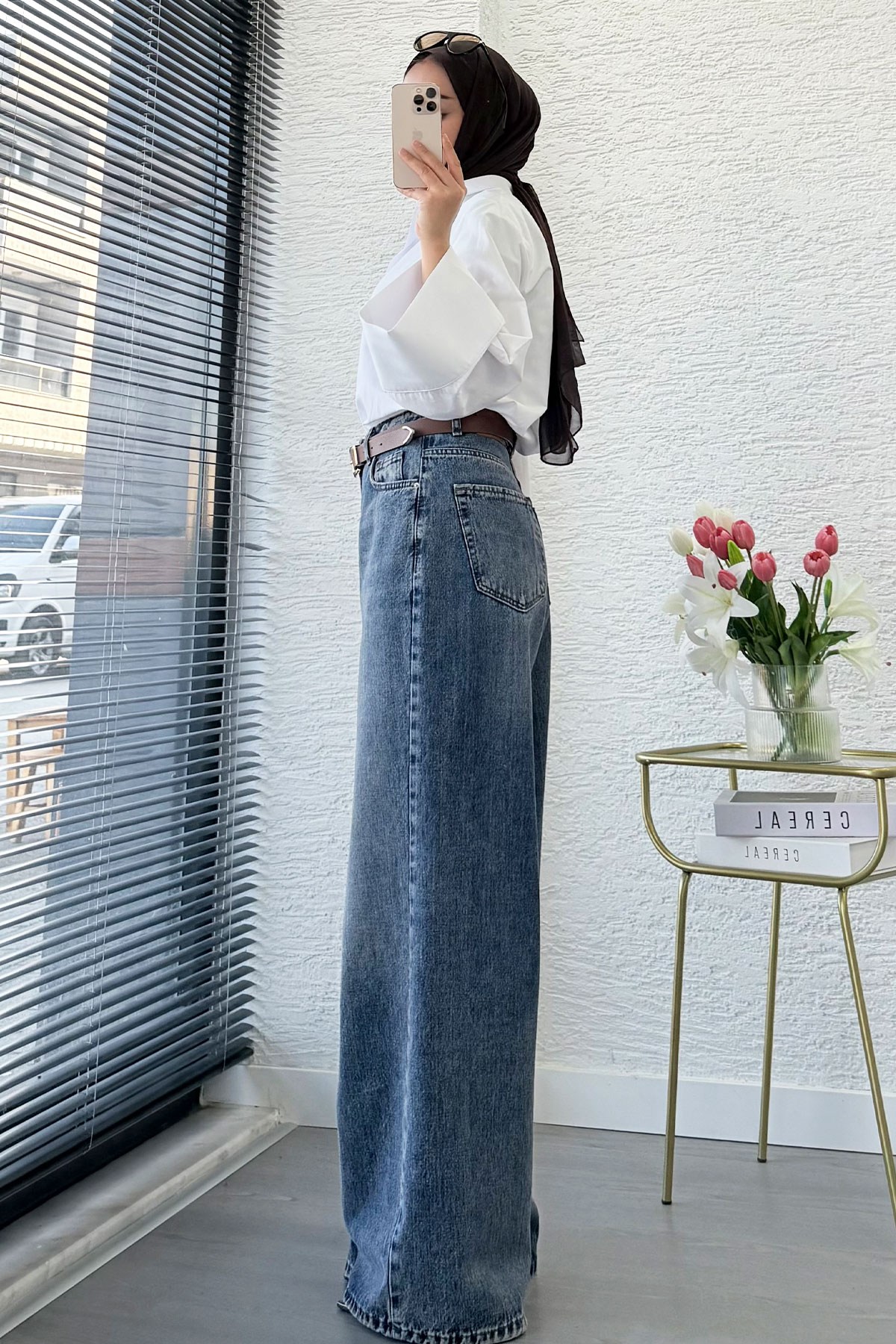 Premium Yandan Dikişli Palazzo Jean Pantolon - Mavi
