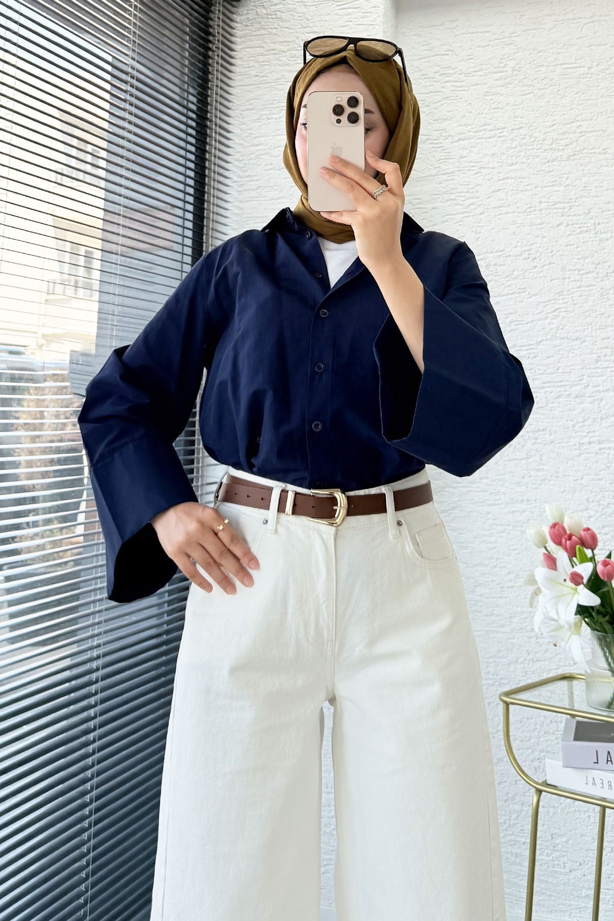 Premium Yandan Dikişli Palazzo Jean Pantolon - Beyaz