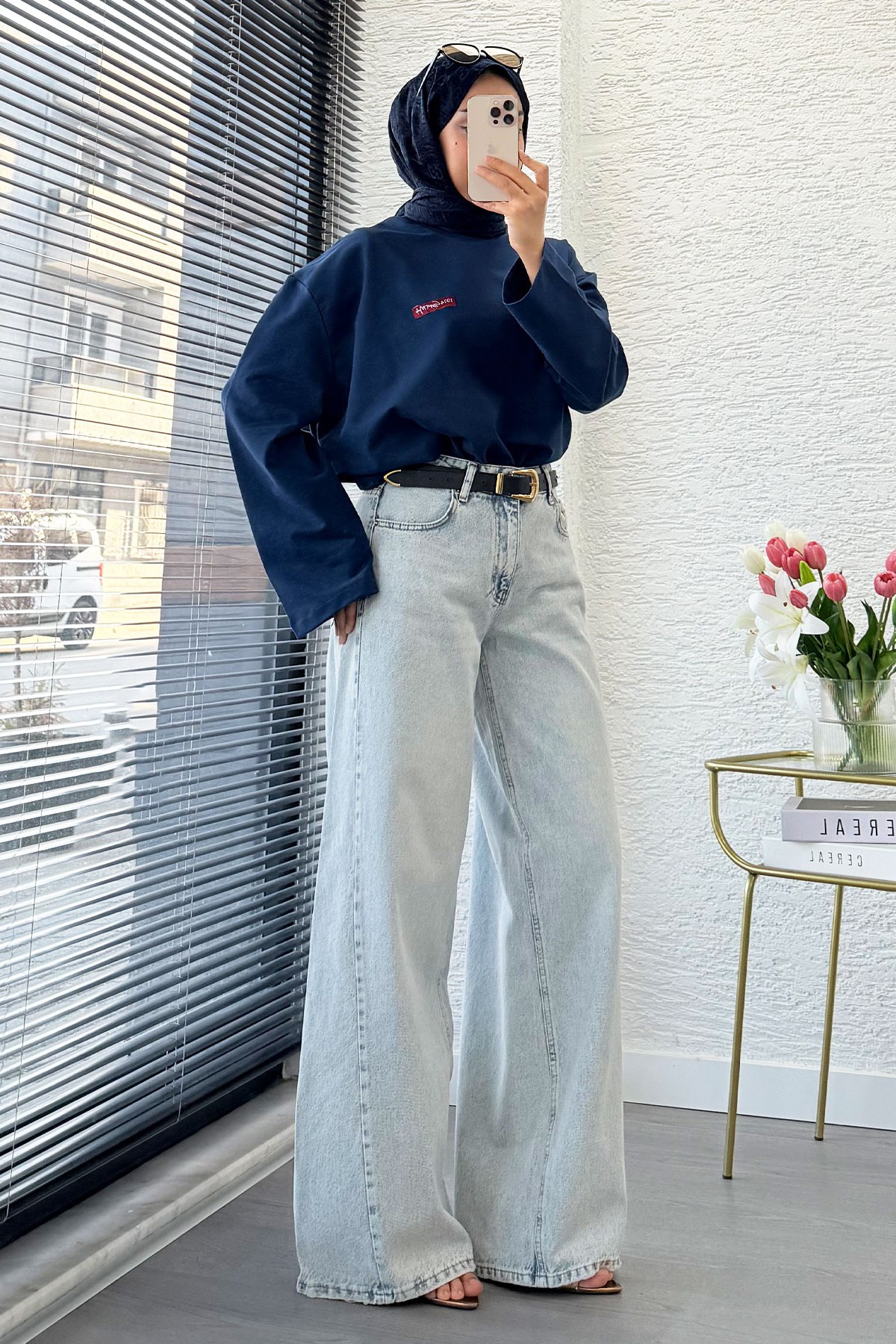 Premium Yandan Dikişli Palazzo Jean Pantolon - Açık Mavi