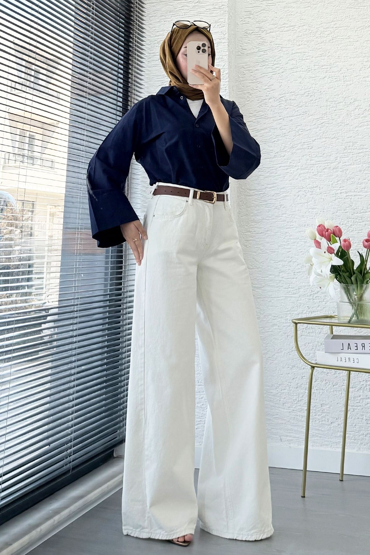 Premium Yandan Dikişli Palazzo Jean Pantolon - Beyaz