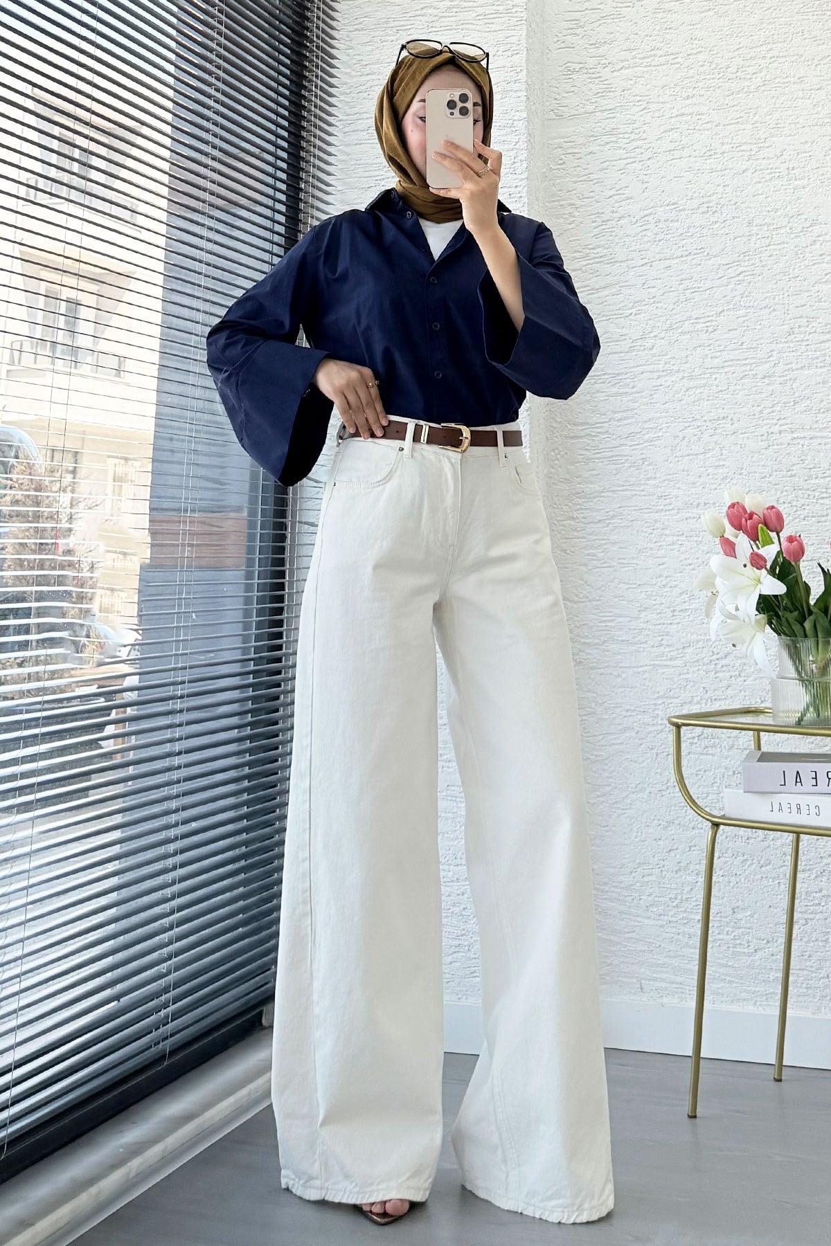 Premium Yandan Dikişli Palazzo Jean Pantolon - Beyaz