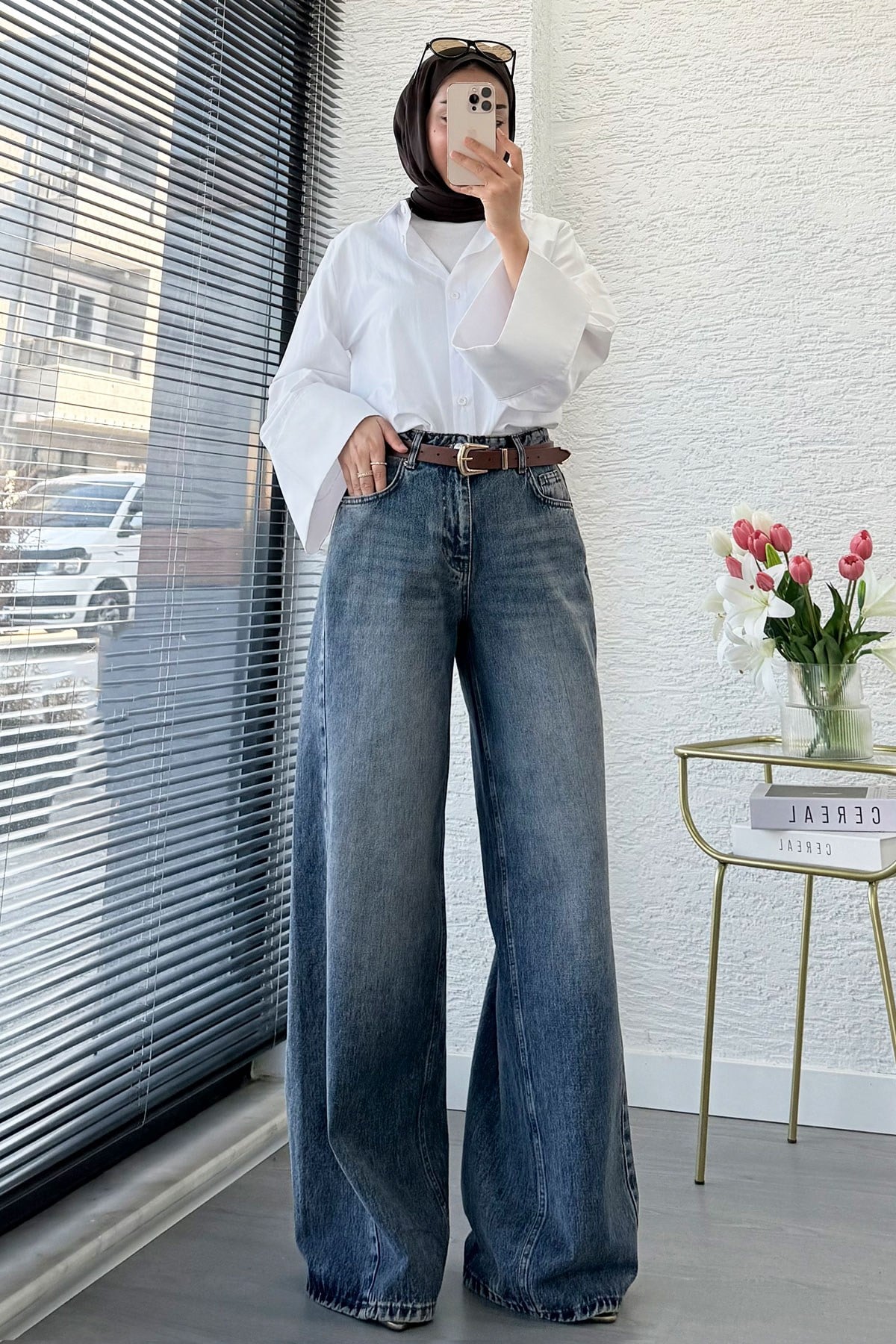 Premium Yandan Dikişli Palazzo Jean Pantolon - Mavi