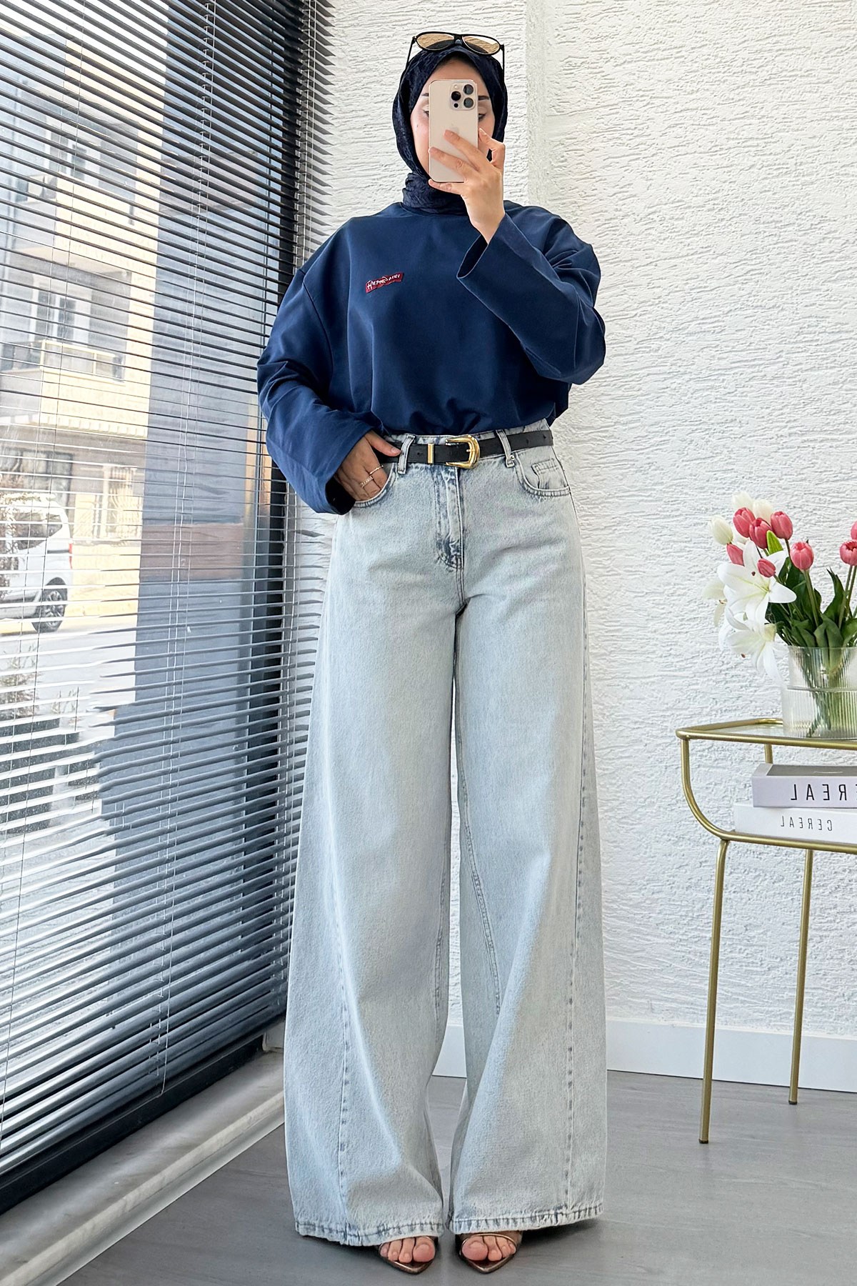 Premium Yandan Dikişli Palazzo Jean Pantolon - Açık Mavi