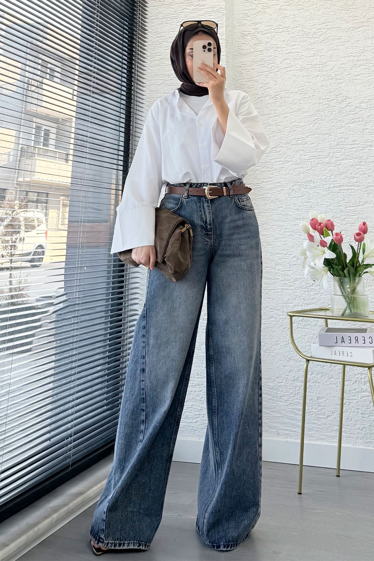 Premium Yandan Dikişli Palazzo Jean Pantolon - Mavi