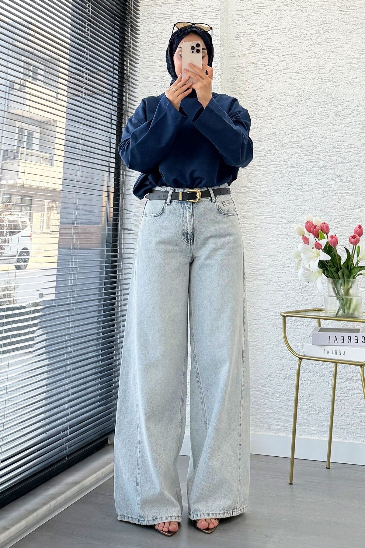 Premium Yandan Dikişli Palazzo Jean Pantolon - Açık Mavi
