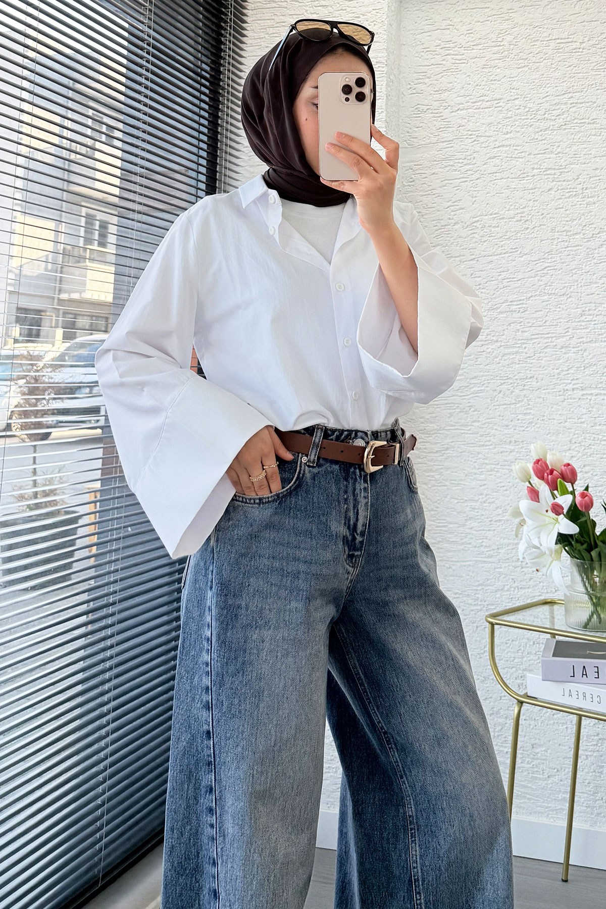 Premium Yandan Dikişli Palazzo Jean Pantolon - Mavi