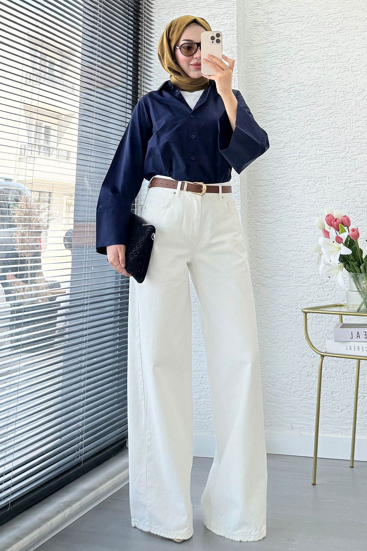Premium Yandan Dikişli Palazzo Jean Pantolon - Beyaz
