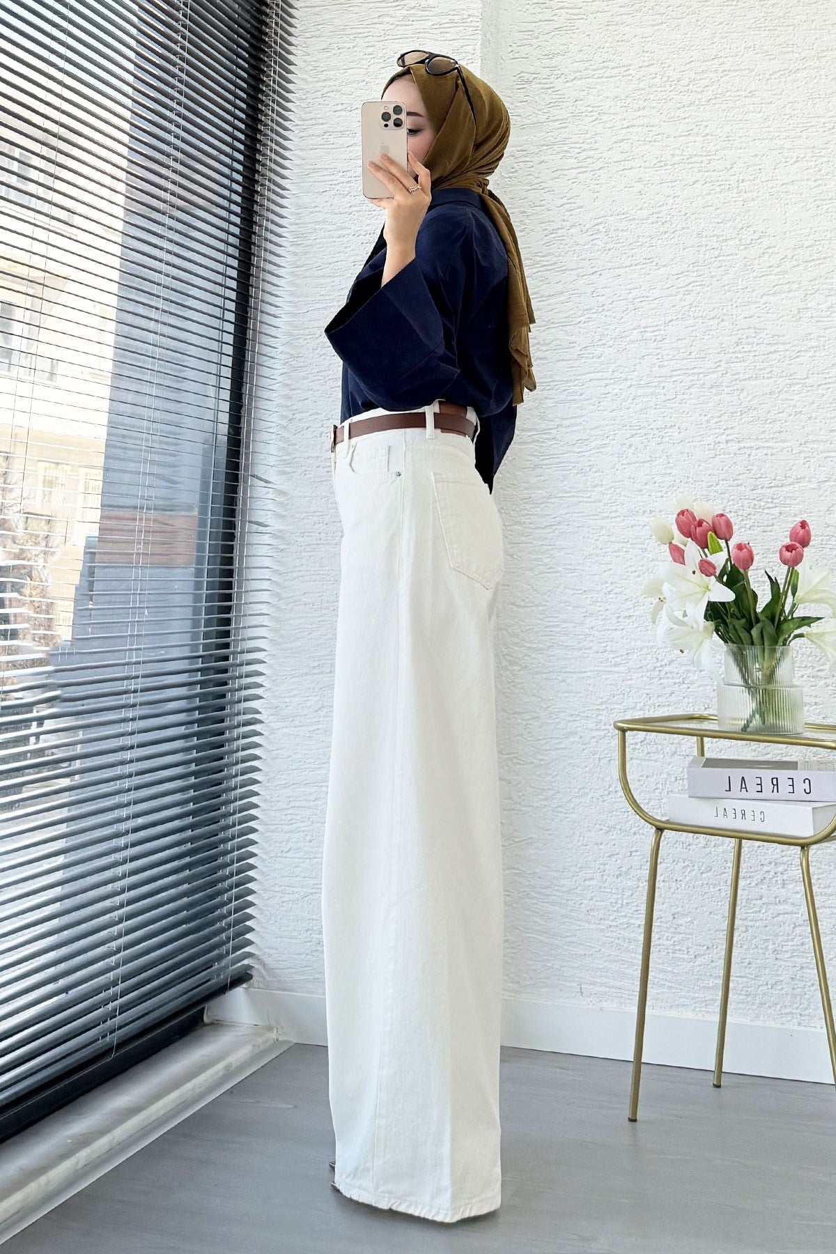 Premium Yandan Dikişli Palazzo Jean Pantolon - Beyaz