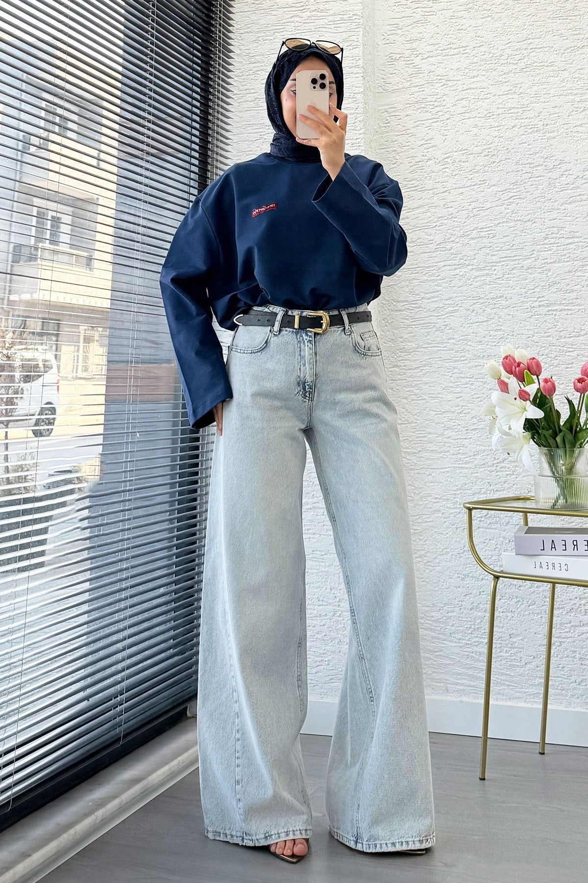 Premium Yandan Dikişli Palazzo Jean Pantolon - Açık Mavi