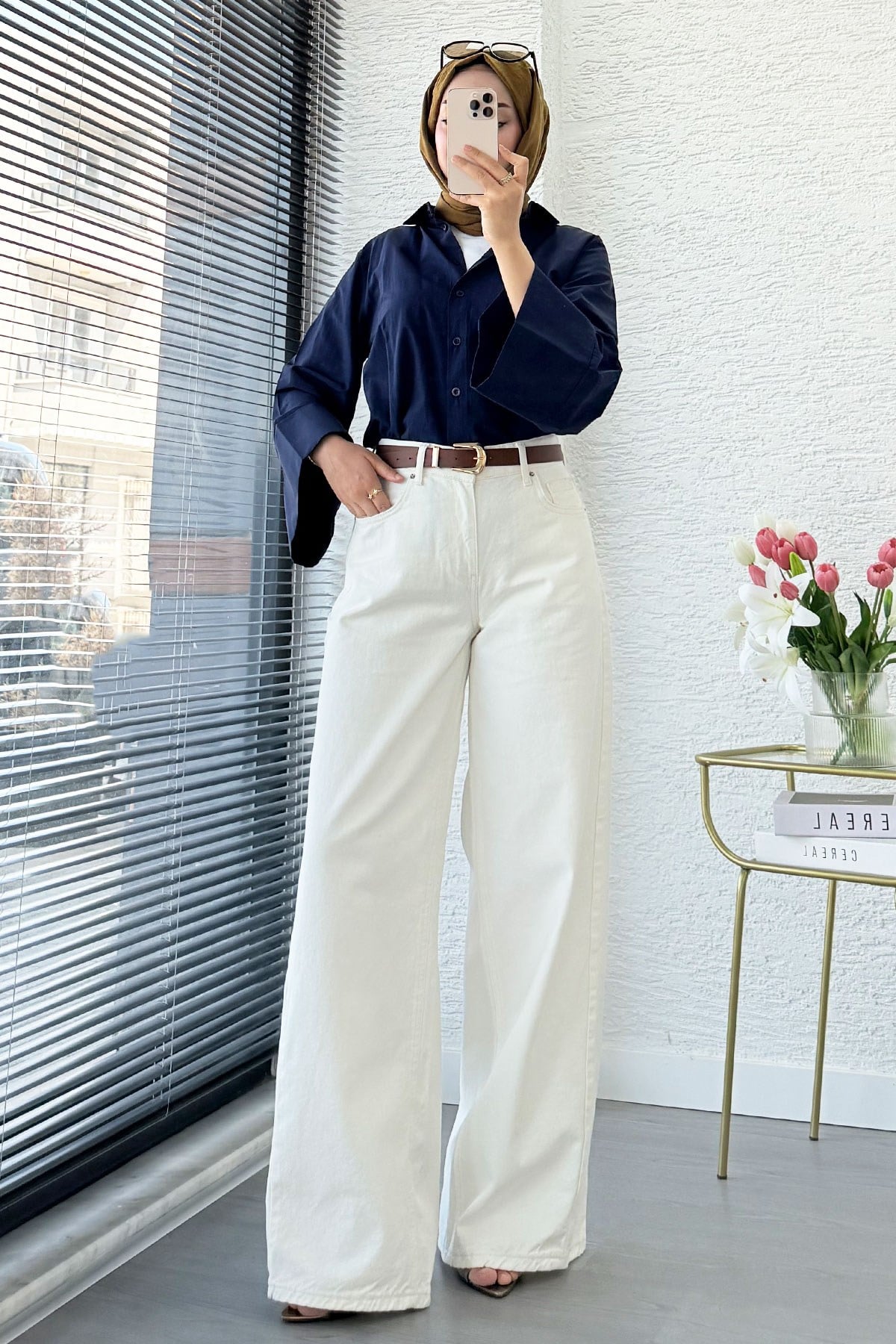 Premium Yandan Dikişli Palazzo Jean Pantolon - Beyaz