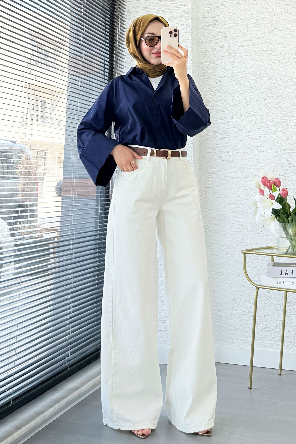 Premium Yandan Dikişli Palazzo Jean Pantolon - Beyaz