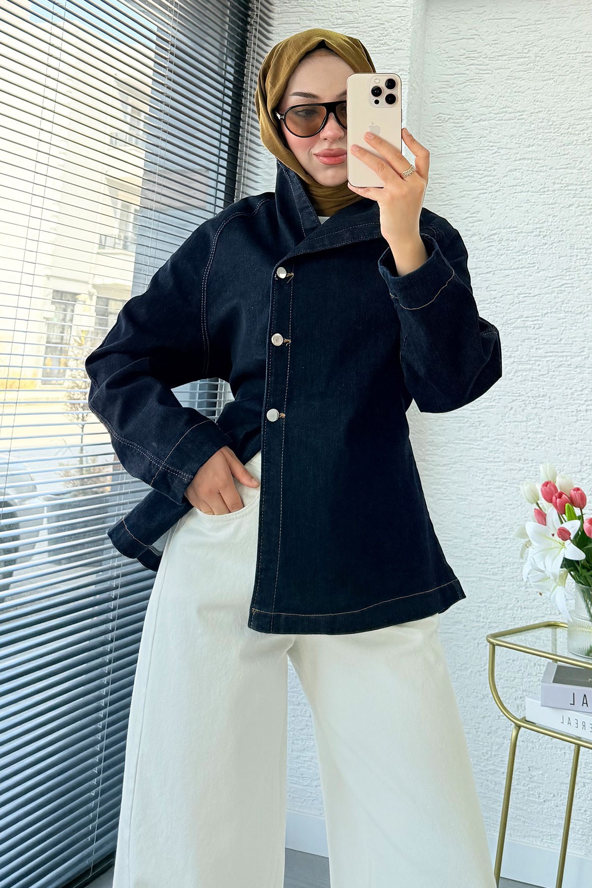 Premıum Yandan Düğmeli Denim Ceket - Koyu Mavi