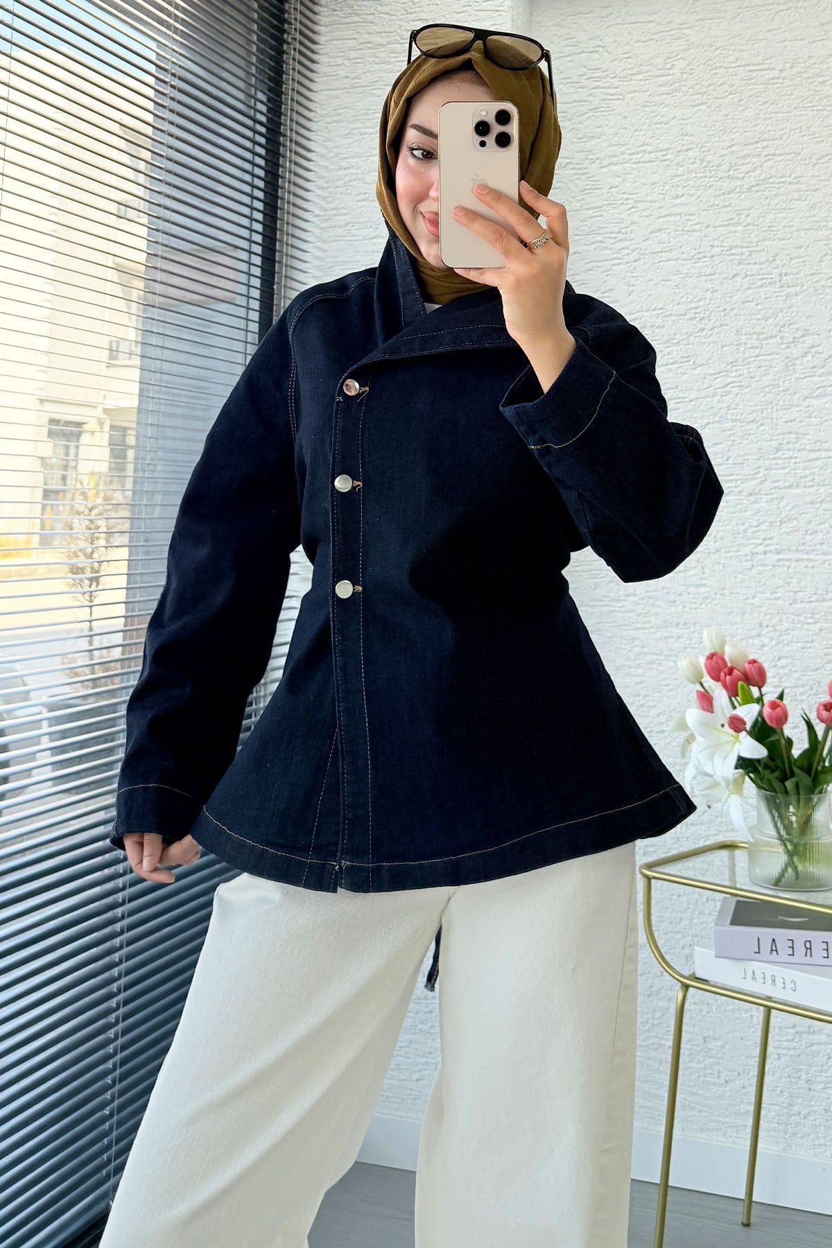 Premıum Yandan Düğmeli Denim Ceket - Koyu Mavi