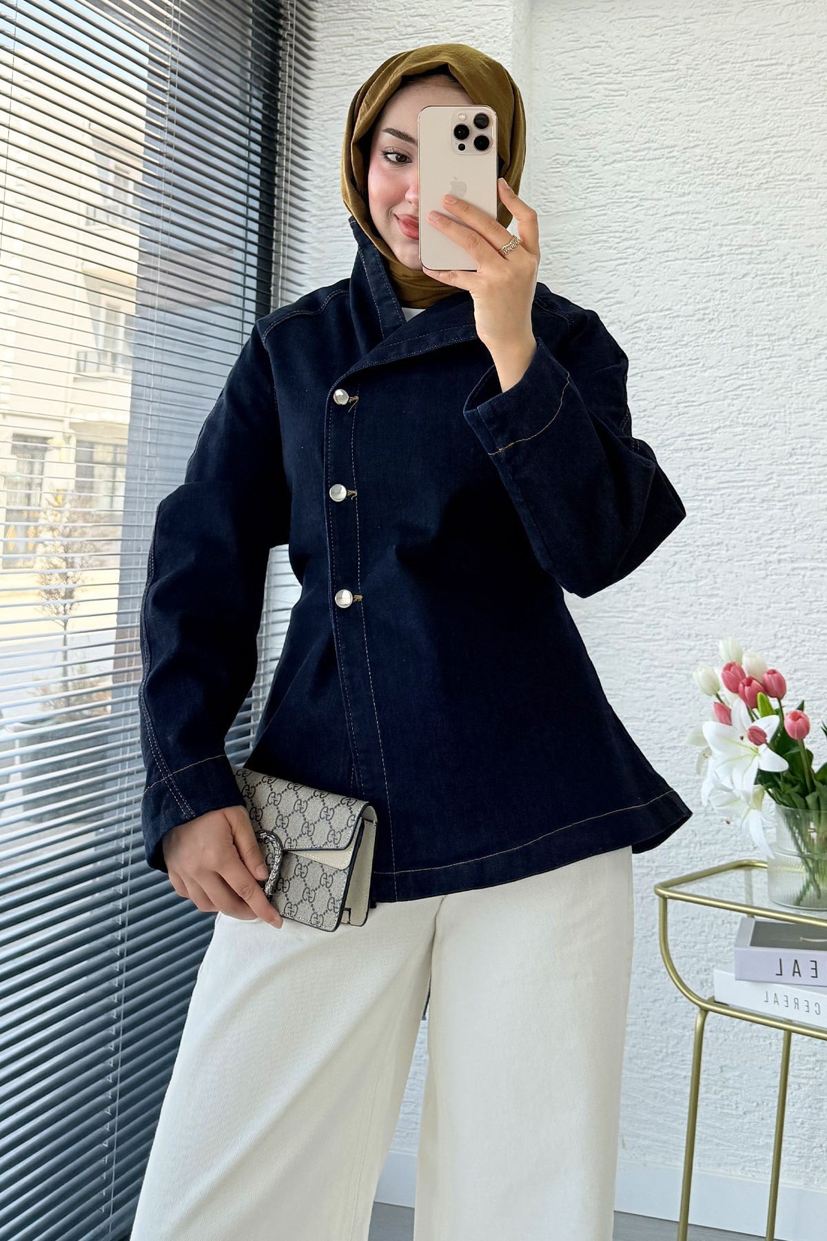 Premıum Yandan Düğmeli Denim Ceket - Koyu Mavi