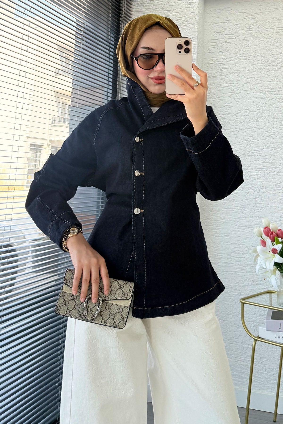 Premıum Yandan Düğmeli Denim Ceket - Koyu Mavi