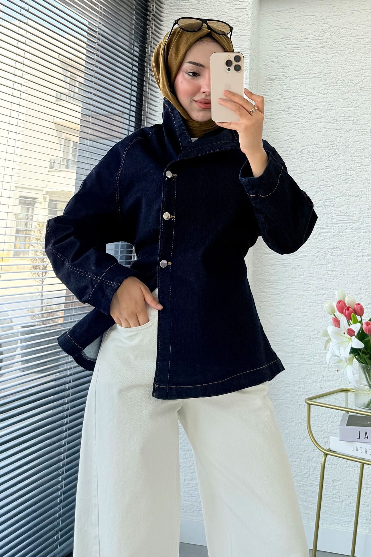 Premıum Yandan Düğmeli Denim Ceket - Koyu Mavi