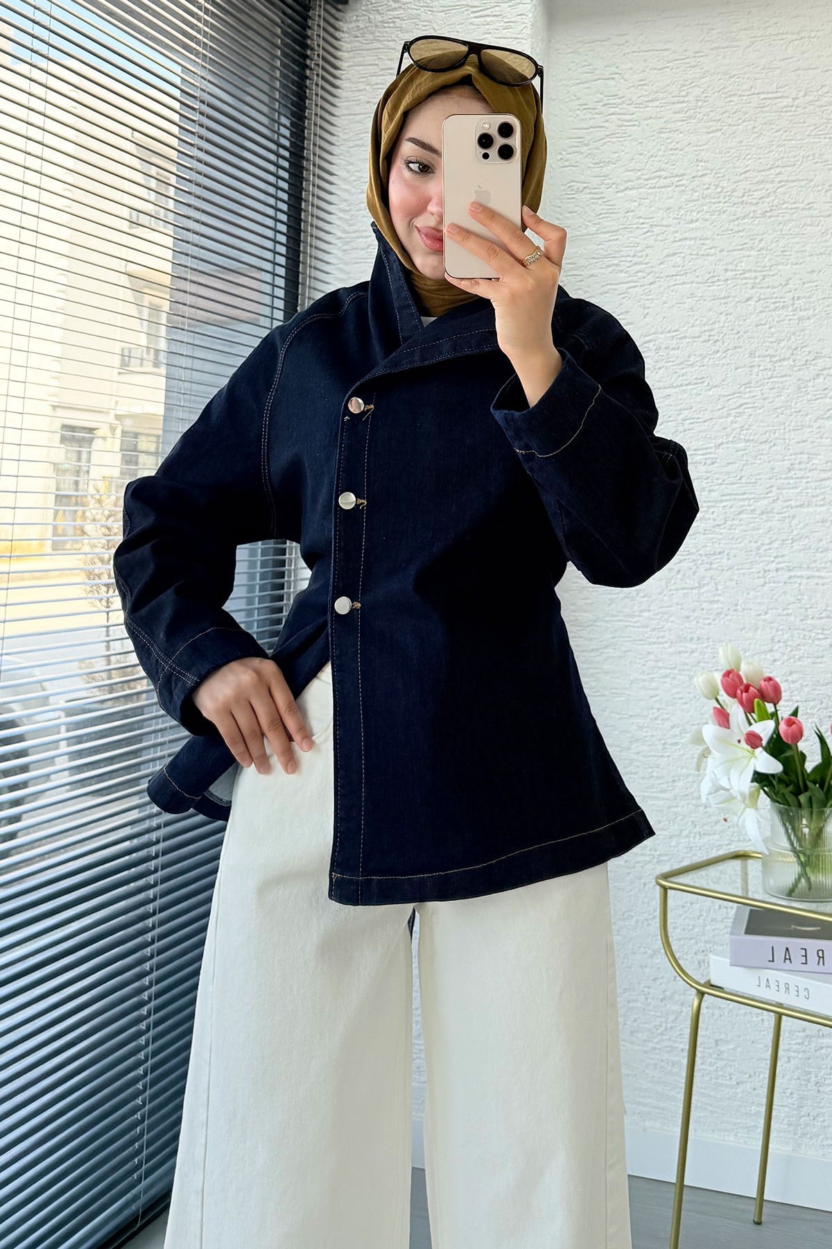 Premıum Yandan Düğmeli Denim Ceket - Koyu Mavi