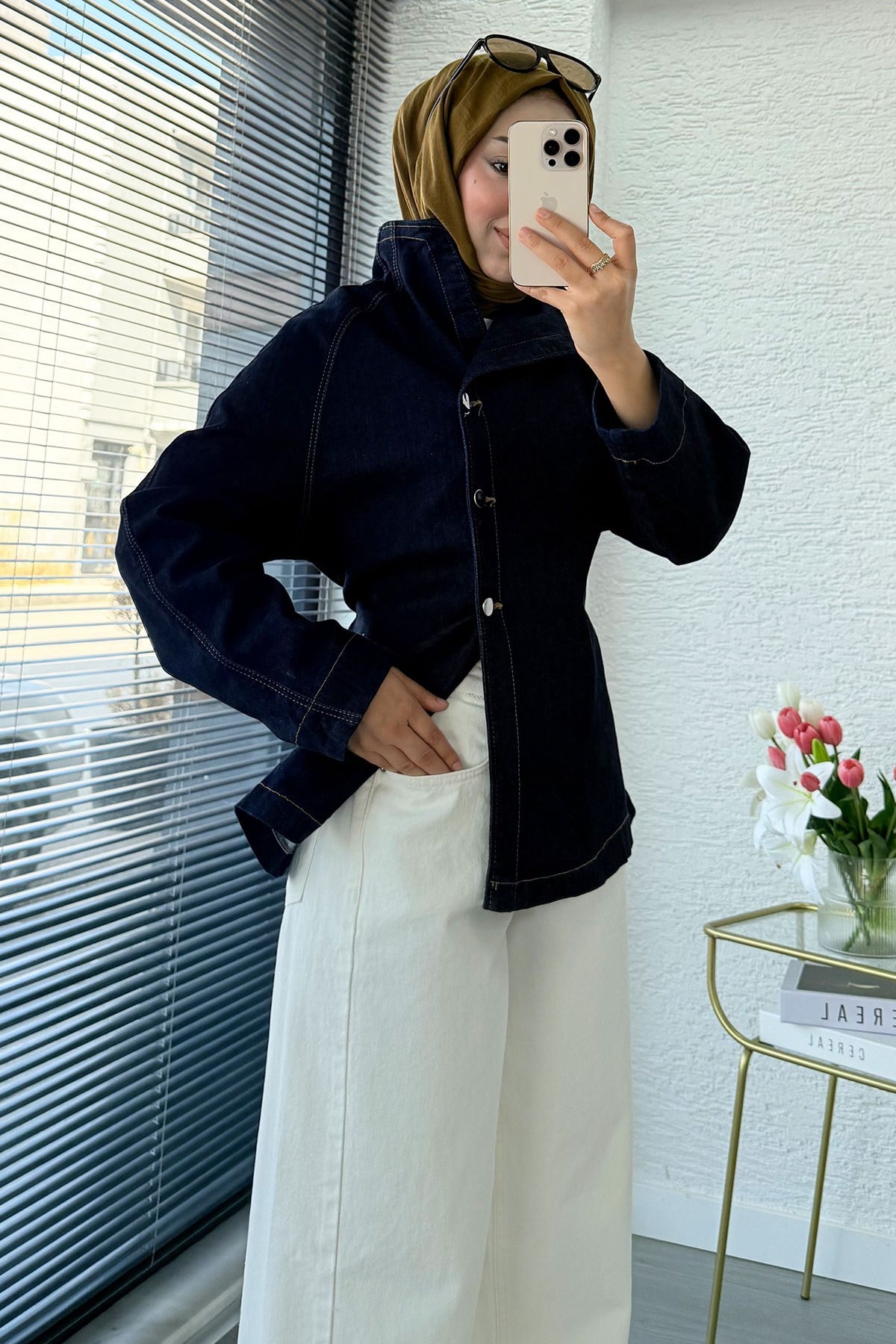 Premıum Yandan Düğmeli Denim Ceket - Koyu Mavi