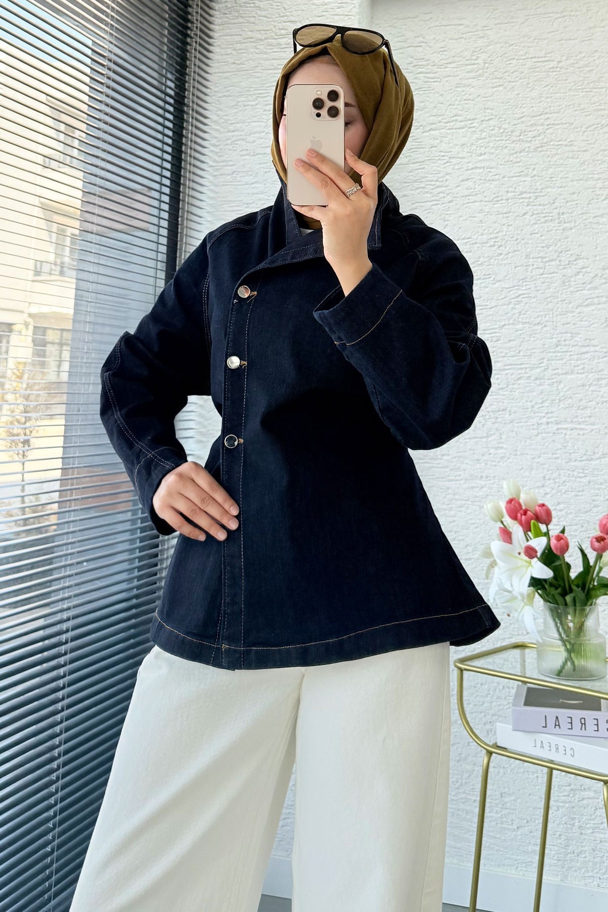 Premıum Yandan Düğmeli Denim Ceket - Koyu Mavi