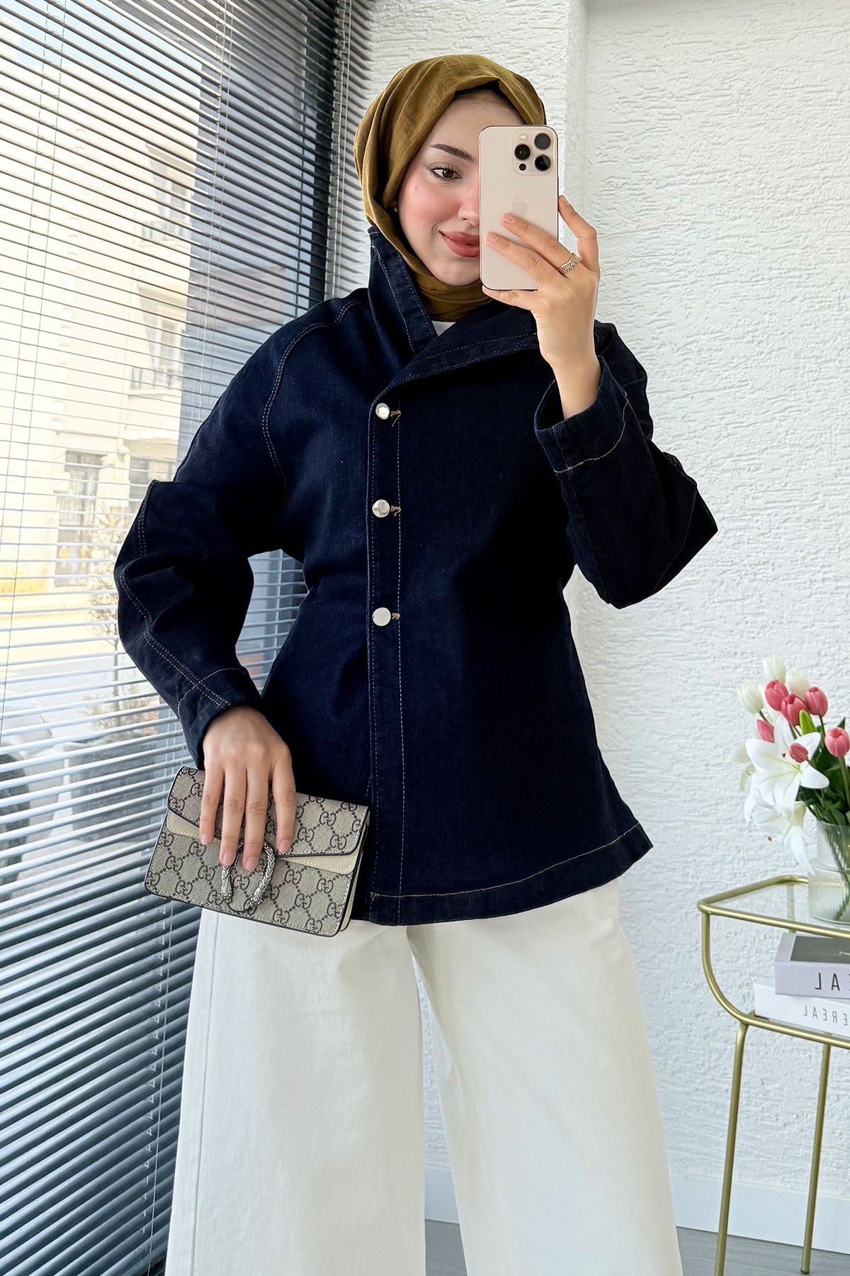 Premıum Yandan Düğmeli Denim Ceket - Koyu Mavi