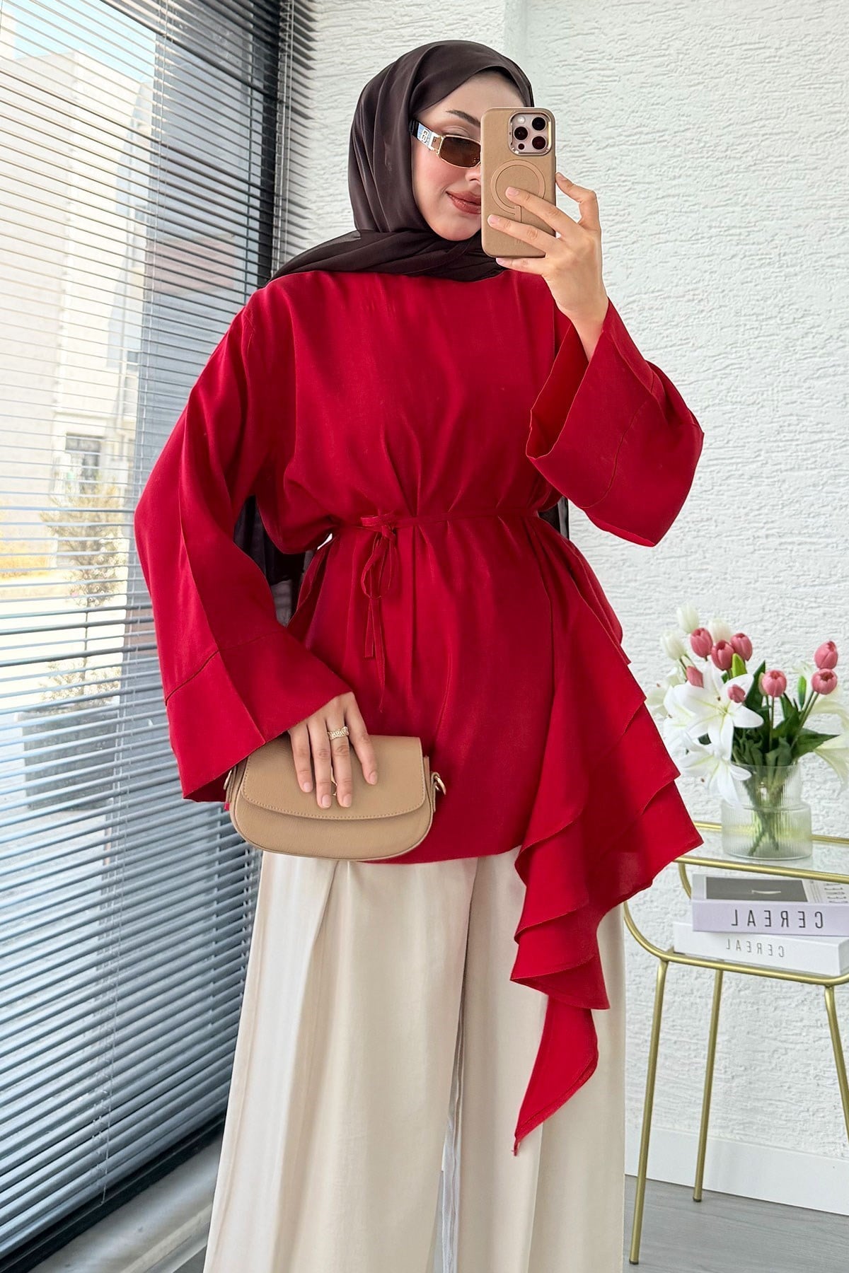 Premium Yandan Fırfırlı Modal Bluz - Kırmızı