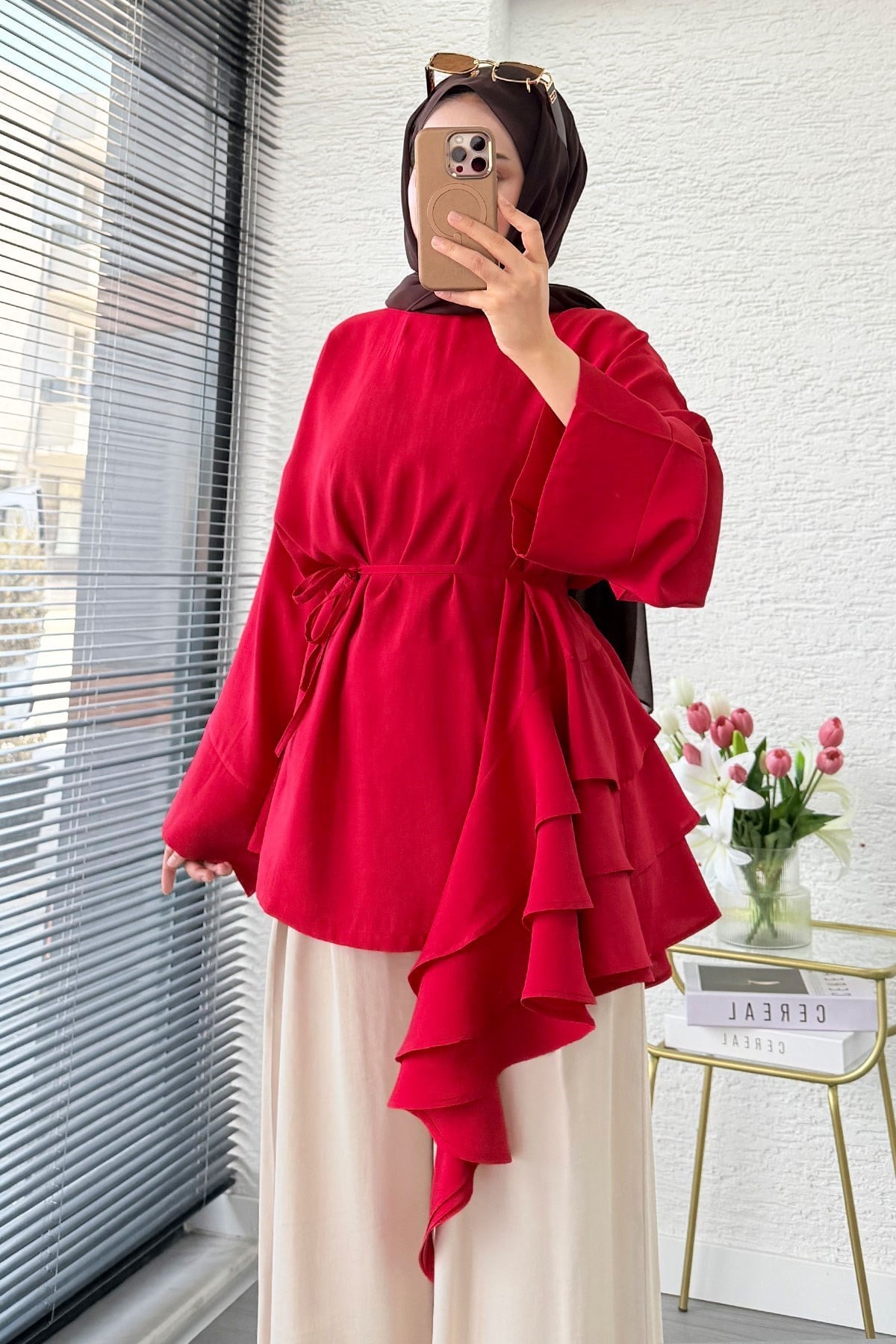 Premium Yandan Fırfırlı Modal Bluz - Kırmızı