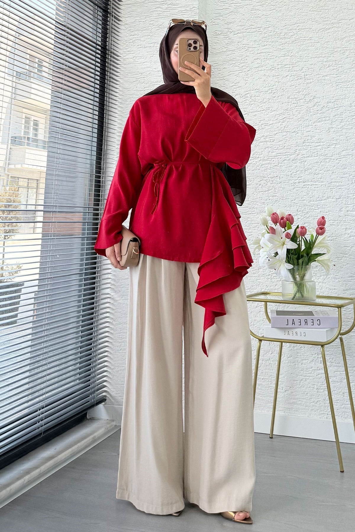 Premium Yandan Fırfırlı Modal Bluz - Kırmızı