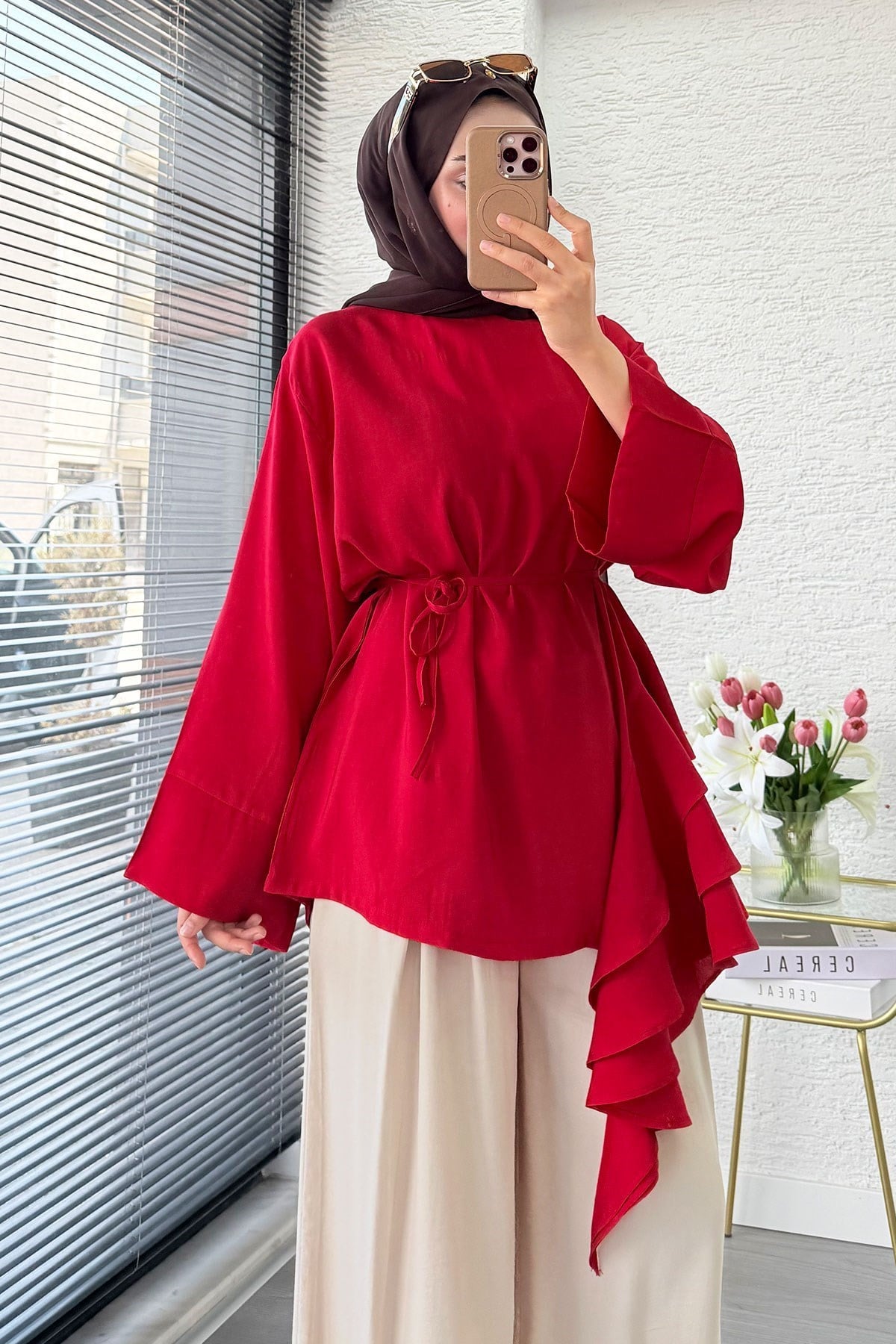 Premium Yandan Fırfırlı Modal Bluz - Kırmızı