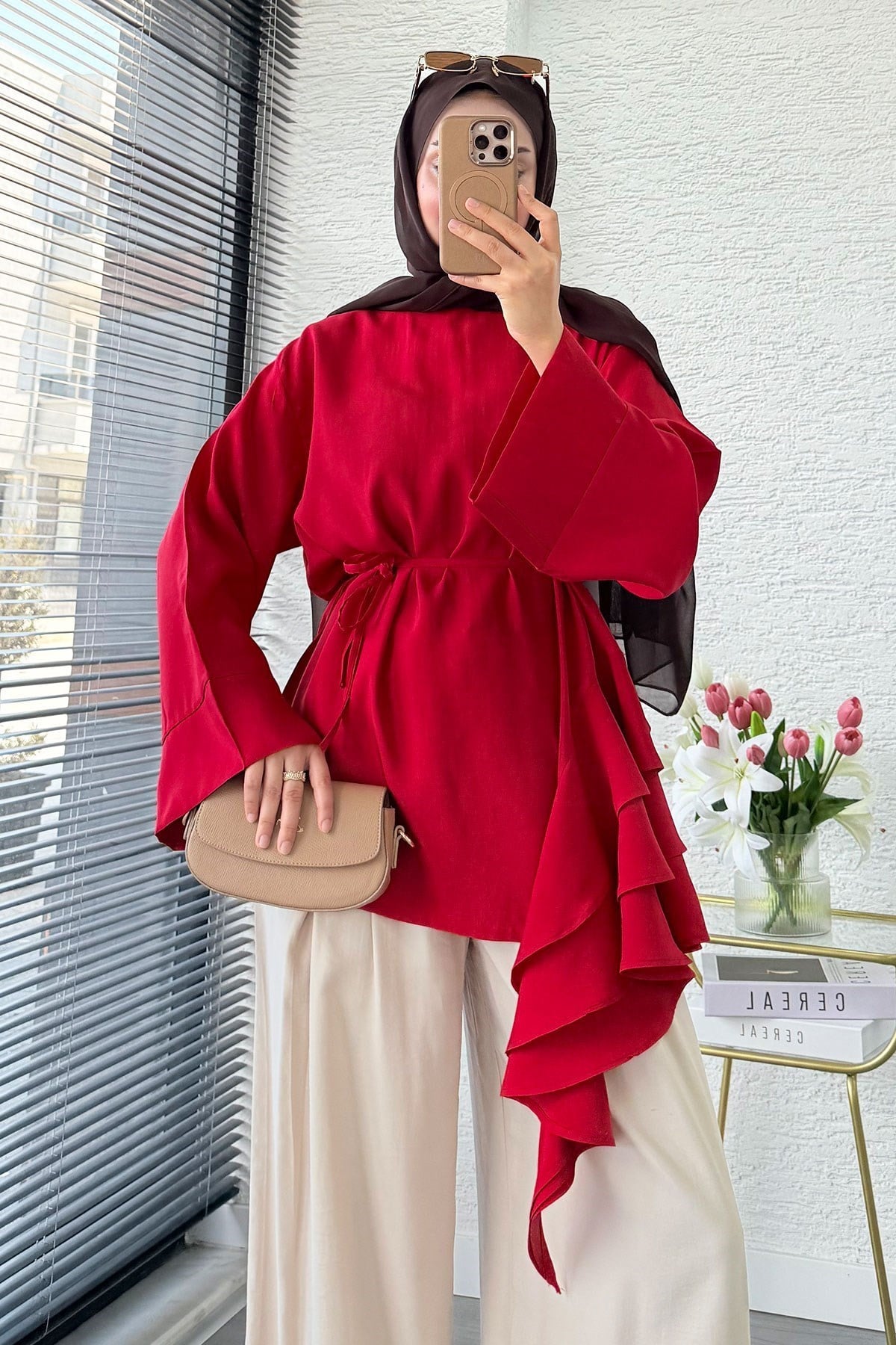 Premium Yandan Fırfırlı Modal Bluz - Kırmızı