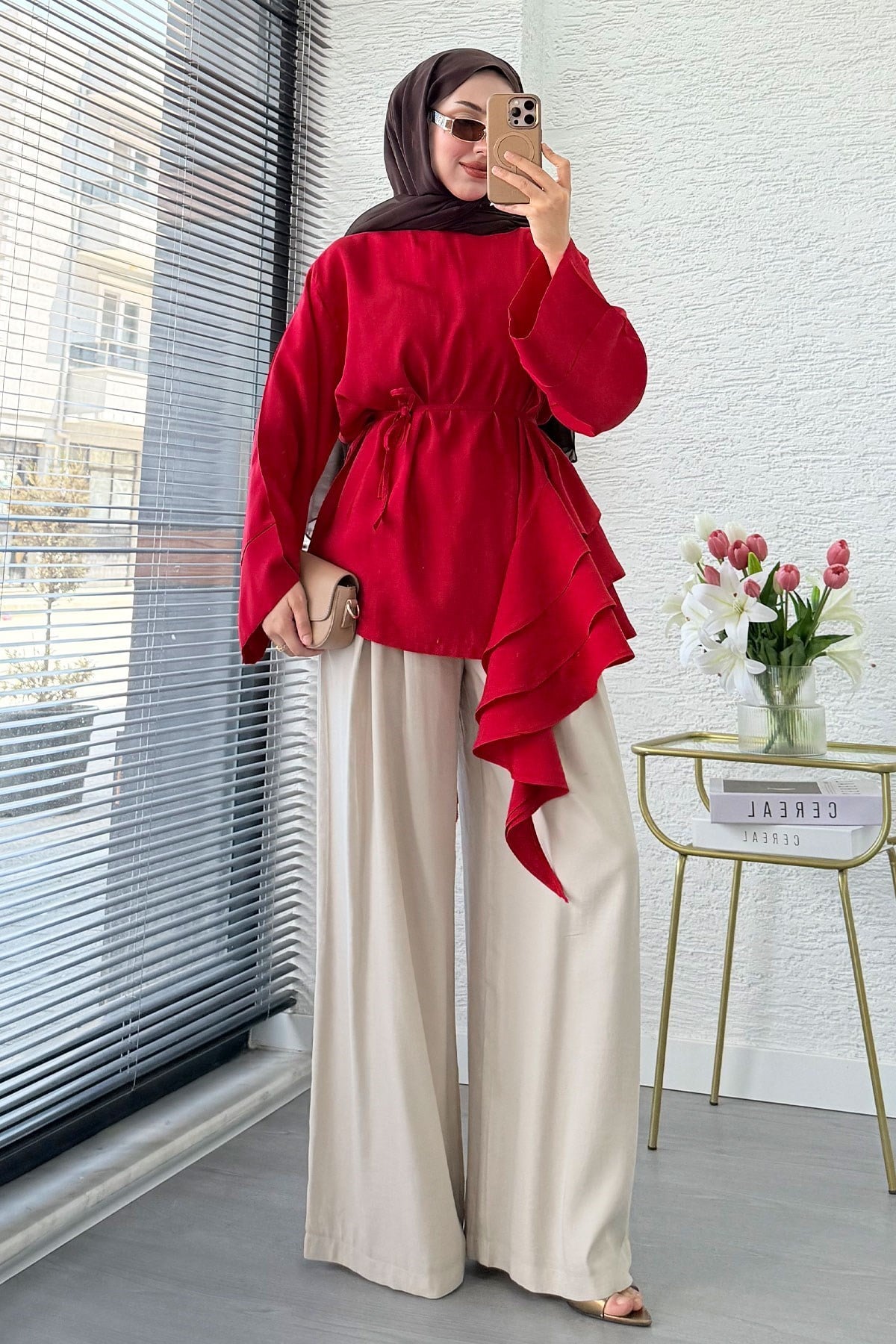 Premium Yandan Fırfırlı Modal Bluz - Kırmızı