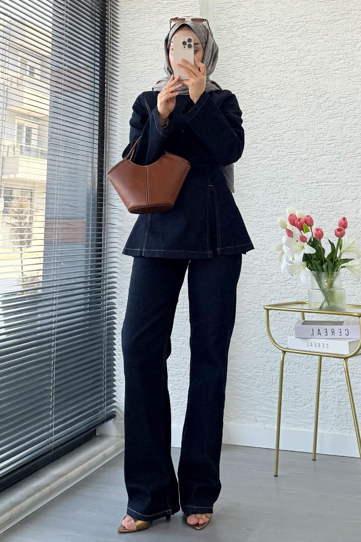 Premium Yandan Yırtmaç Detaylı  Denim Pantolon Takım -Koyu Mavi